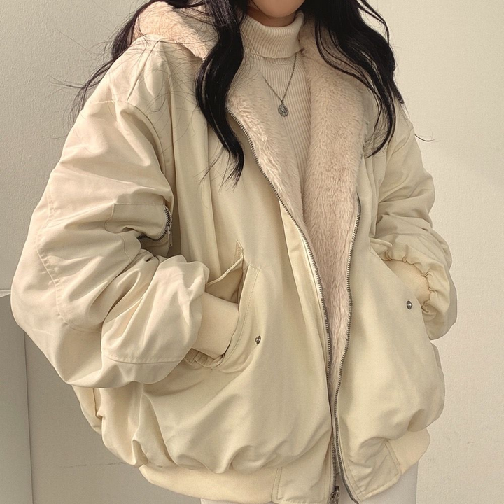 Nora | Damen Bomberjacke mit Kunstfell-Kapuze Oversize Beidseitig Tragbar Langarm - image 16