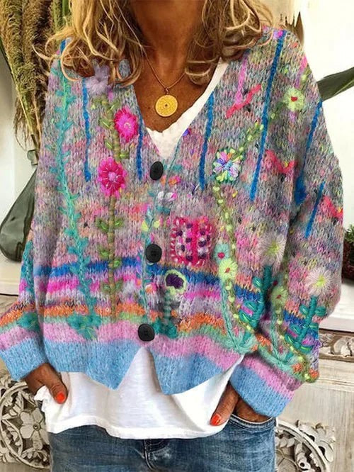 Strickjacke mit buntem Blumenstickerei-Muster und V-Ausschnitt in Grau-Rosa