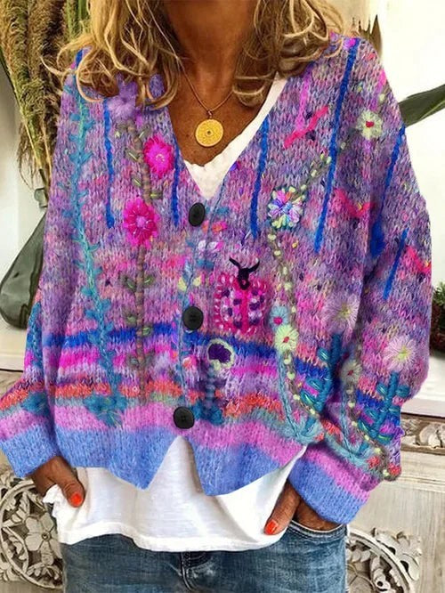 Cardigan mit floraler Stickerei und Knopfleiste in Lila-Blau Farbverlauf