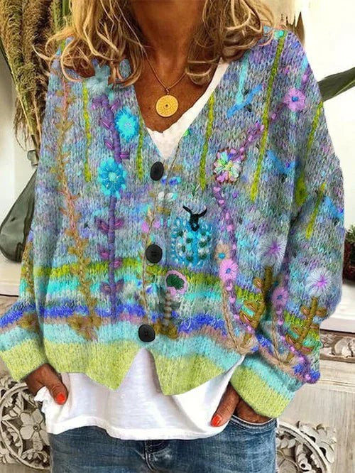 Damen Cardigan mit bunter Blumenstickerei und V-Ausschnitt in Grün-Blau