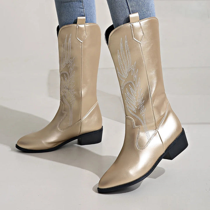 Goldene Cowboystiefel aus veganem Leder mit Blockabsatz, Seitenansicht