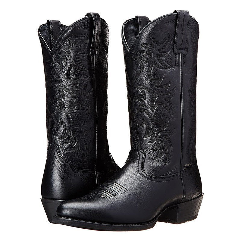 Kniehohe Cowboystiefel aus schwarzem Leder mit Ziernähten und Blockabsatz