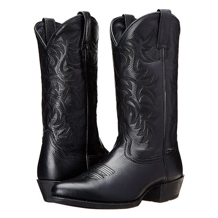 Kniehohe Cowboystiefel aus schwarzem Leder mit Ziernähten und Blockabsatz