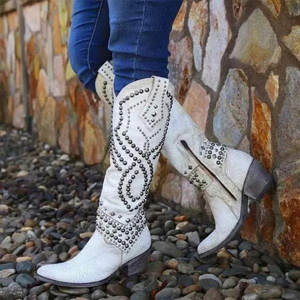 Weiße Kniehohe Cowboystiefel mit Nietenmuster und Blockabsatz