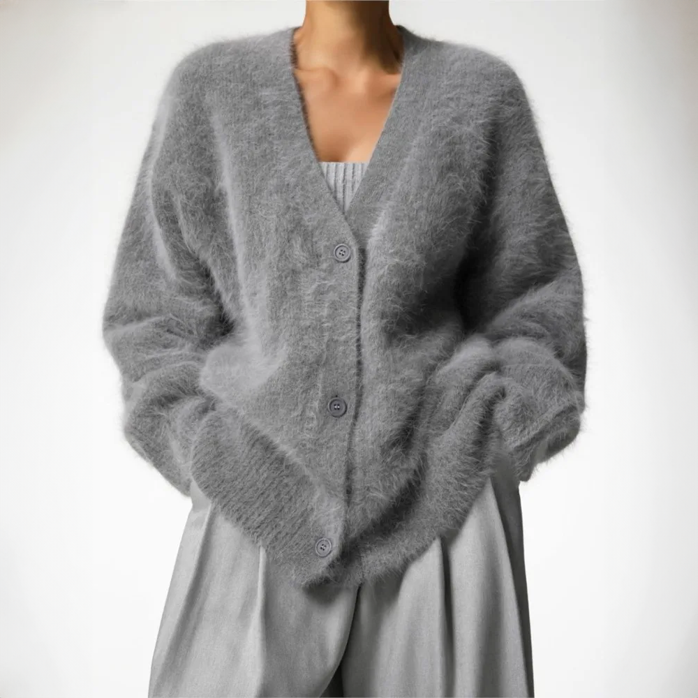 Hellgraue Strickjacke mit V-Ausschnitt und Knopfleiste, oversize geschnitten