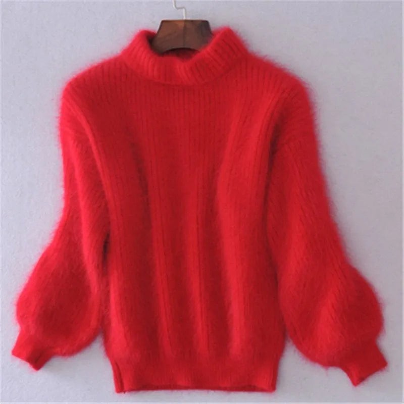 Roter Mohair-Pullover mit Rollkragen und gerippten Ärmelbündchen