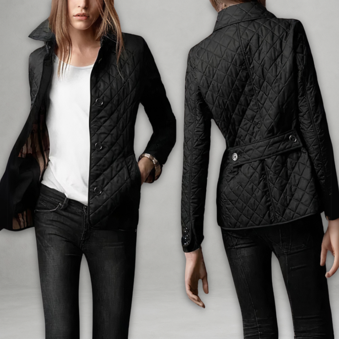 Schwarze Steppjacke mit Rautensteppung und kariertem Innenfutter, Vorder- und Rückansicht