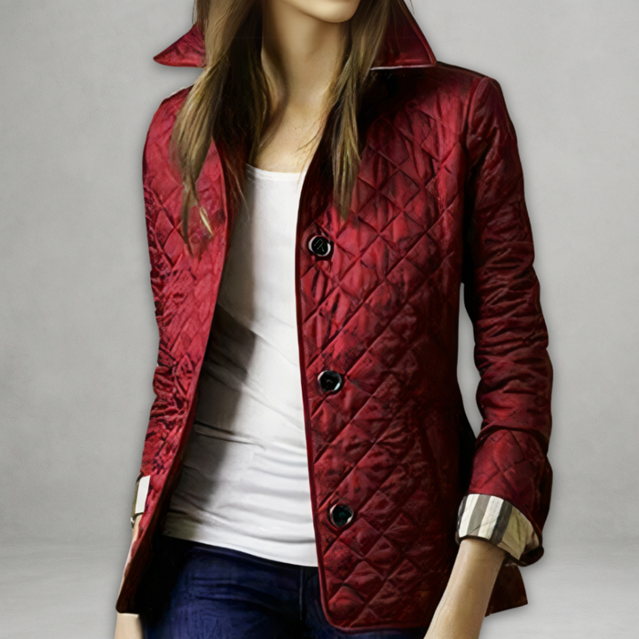 Bordeauxrote Steppjacke mit Knopfleiste und Stehkragen, taillierter Schnitt