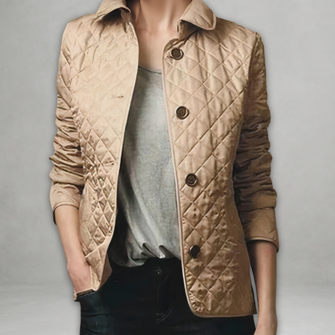 Beige Steppjacke mit Hemdkragen und Knopfverschluss, dezenter Rautensteppung