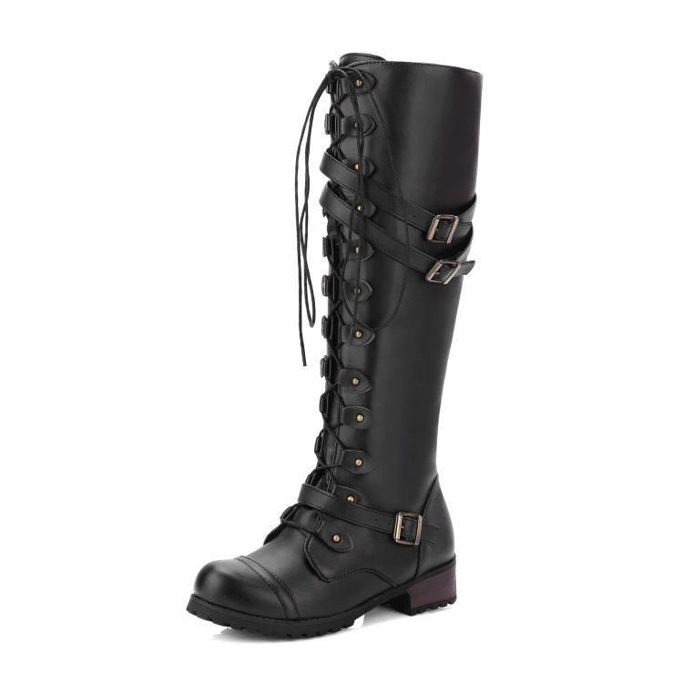 Schwarze Kniehohe Stiefel mit Schnürung, Schnallen und Nietenbesatz aus Leder