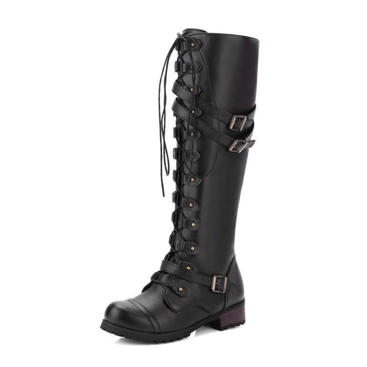 Schwarze Kniehohe Stiefel mit Schnürung, Schnallen und Nietenbesatz aus Leder