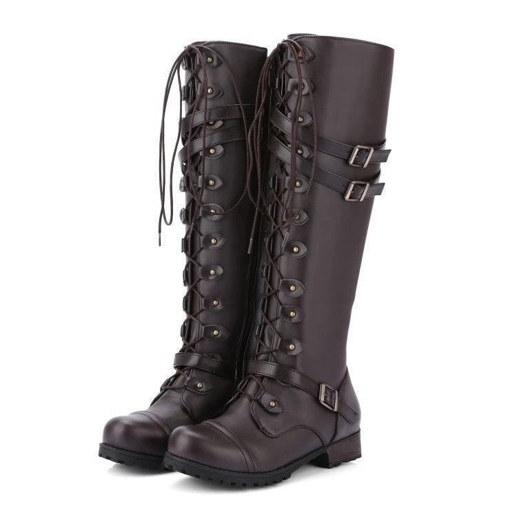 Braune Kniehohe Stiefel mit Schnürung und Doppelschnalle, Nietenbesatz Leder