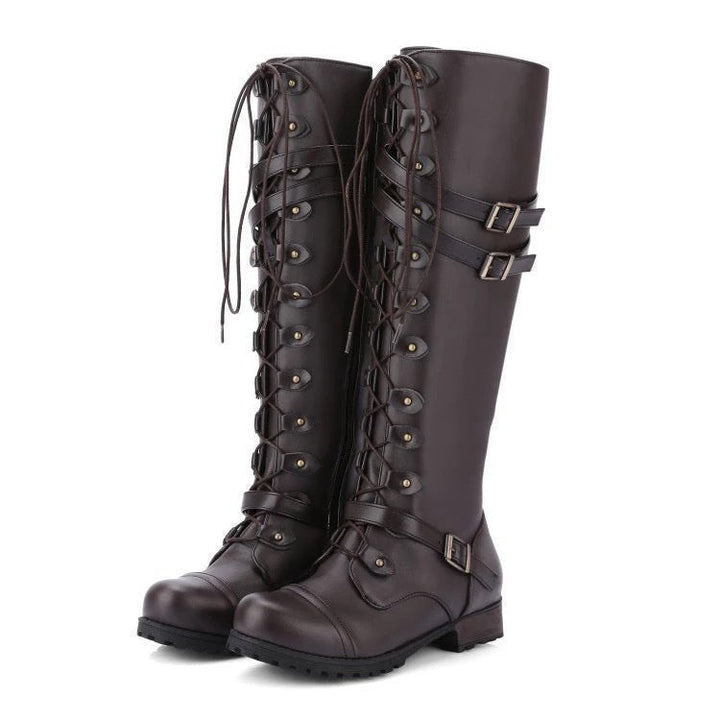 Braune Kniehohe Stiefel mit Schnürung und Doppelschnalle, Nietenbesatz Leder