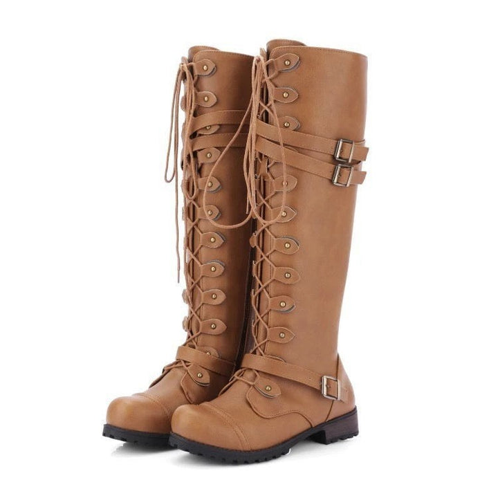 Cognacfarbene Kniehohe Stiefel mit Schnürung, Schnallen und Nietendetails