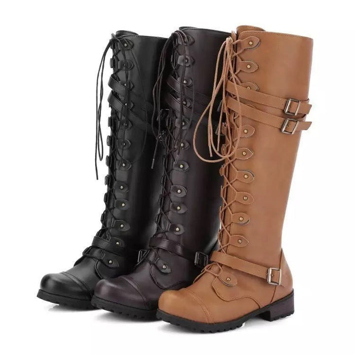 Kniehohe Schnürstiefel mit Schnallen in Schwarz, Braun und Cognac im Vergleich
