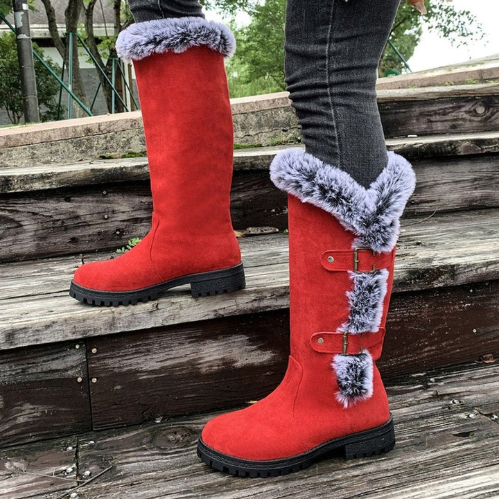 Rote kniehohe Stiefel aus Wildlederoptik mit flauschigem Fellrand