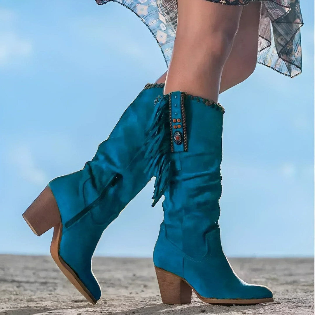 Kniehoher Westernstiefel in Petrolblau mit Fransendetail und Nietenverzierung