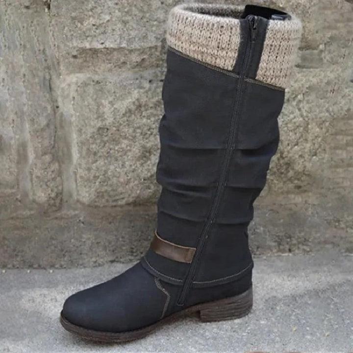 Schwarzer Kniehoher Stiefel mit Strickmanschette und Reißverschluss im Vintage-Look