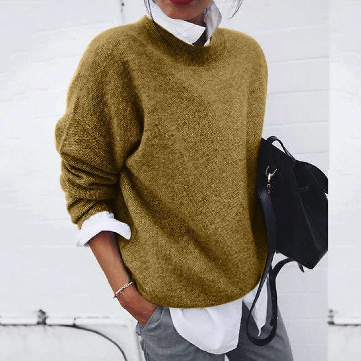 Senfgelber Strickpullover mit Stehkragen, Langarm im Casual-Style