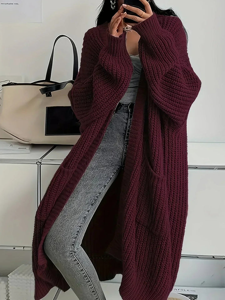 Weinrote oversize Cardigan aus Rippstrick mit langen Ärmeln