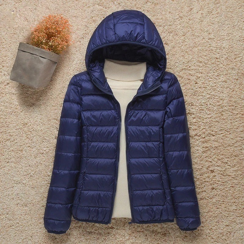 Dunkelblaue Damen-Steppjacke mit Kapuze, leichte wattierte Übergangsjacke mit Reißverschluss