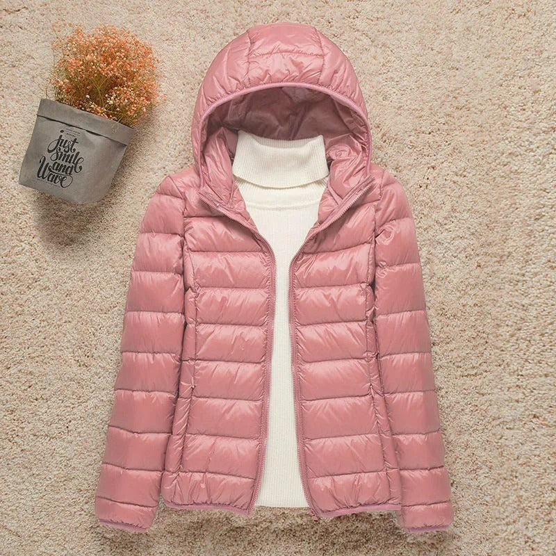 Altrosa Daunenjacke mit Kapuze, leichte gesteppte Damenjacke mit Reißverschluss