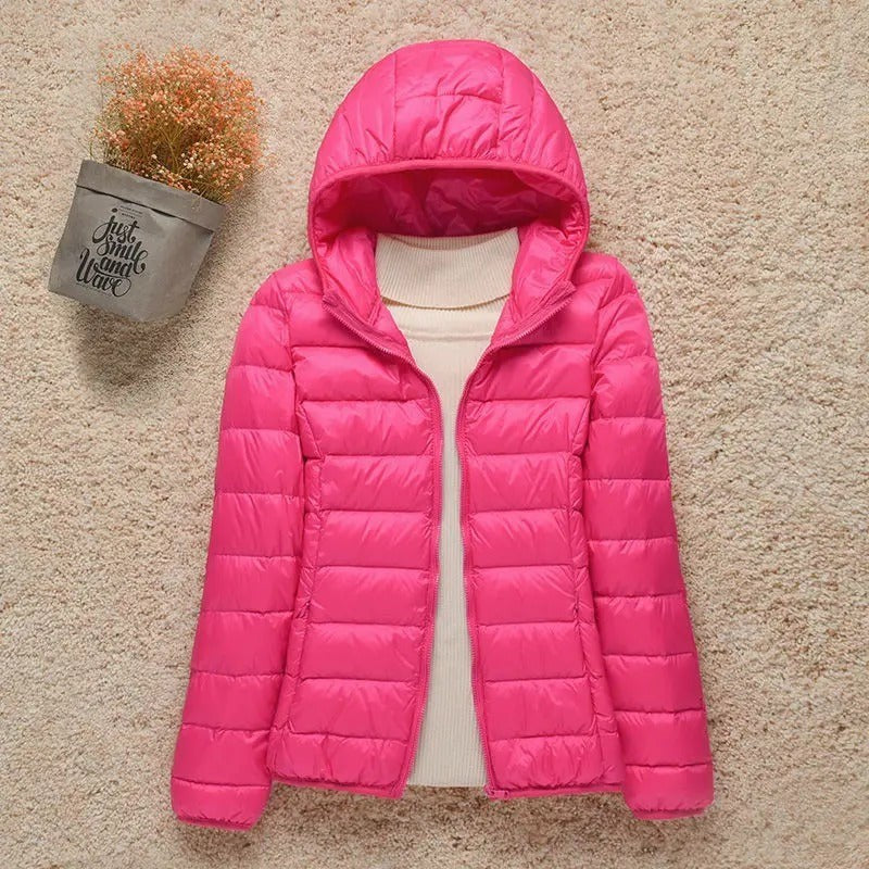 Pinke leichte Steppjacke mit Kapuze, glänzende wattierte Übergangsjacke für Damen