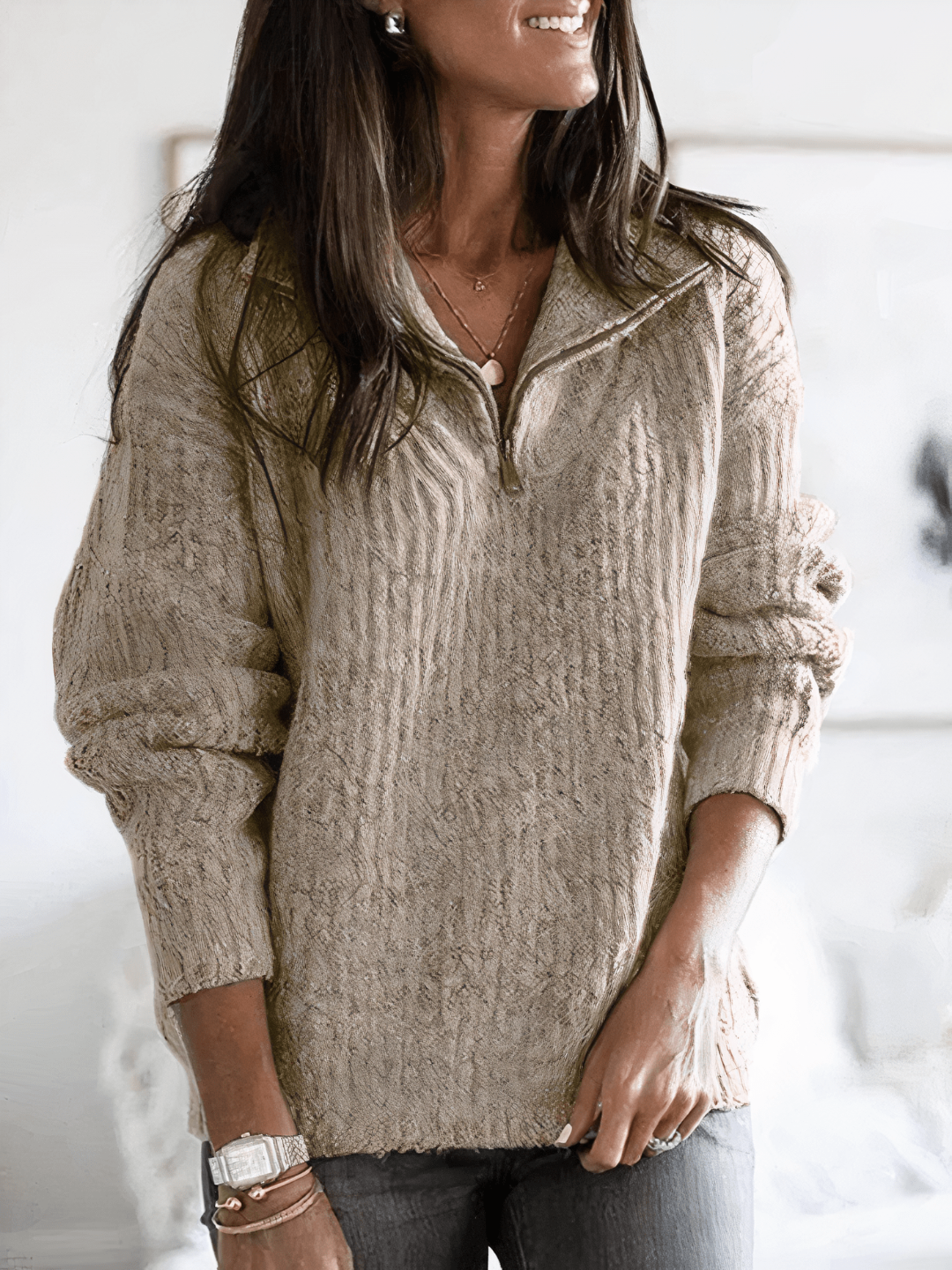Taupefarbener Strukturstrick Pullover mit Half-Zip Kragen im lässigen Oversize Look