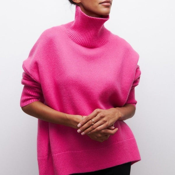 Pinkfarbener Rollkragenpullover mit lockerem Oversize-Schnitt und Rippkragen