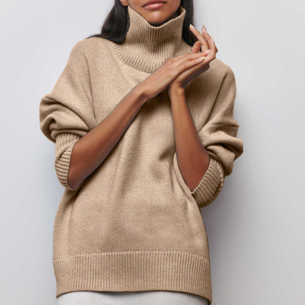 Beige melierter Rollkragenpullover Oversize mit breitem Rippbund