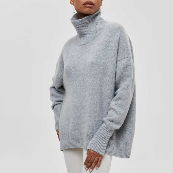 Hellgrau melierter Rollkragenpullover Oversize mit weichem Strickmuster