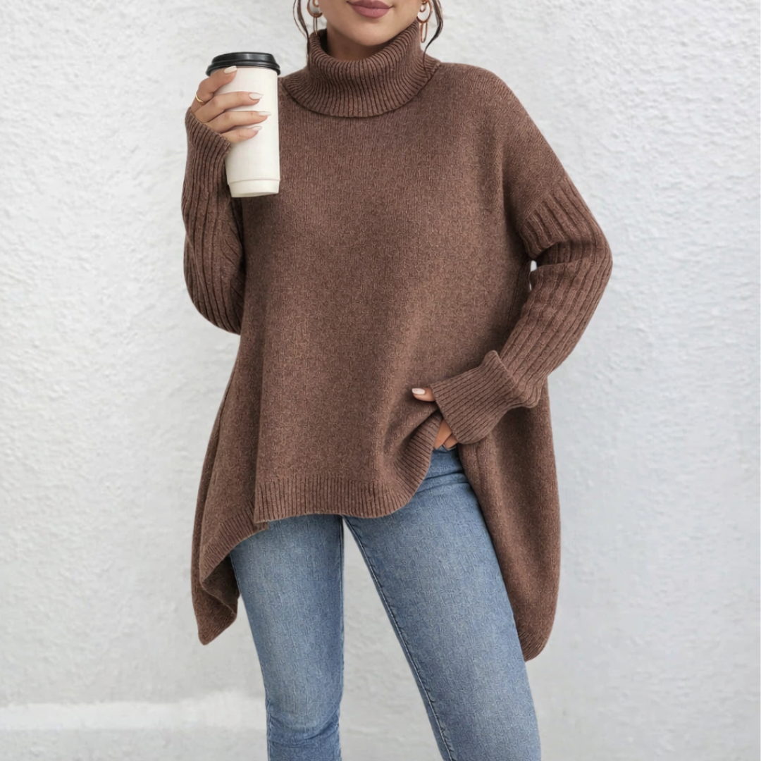 Brauner Rollkragenpullover Oversize mit Rippstrick-Ärmeln und weitem Schnitt