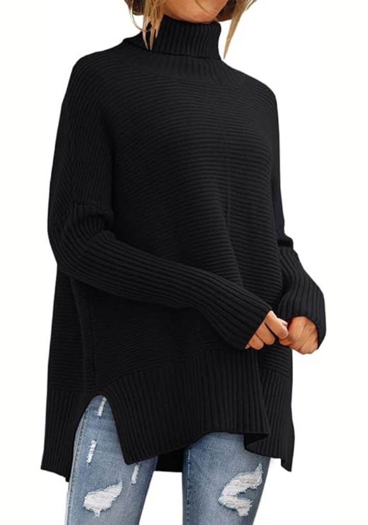 Schwarzer Oversize-Rollkragenpullover mit High-Low-Saum und Rippstrick