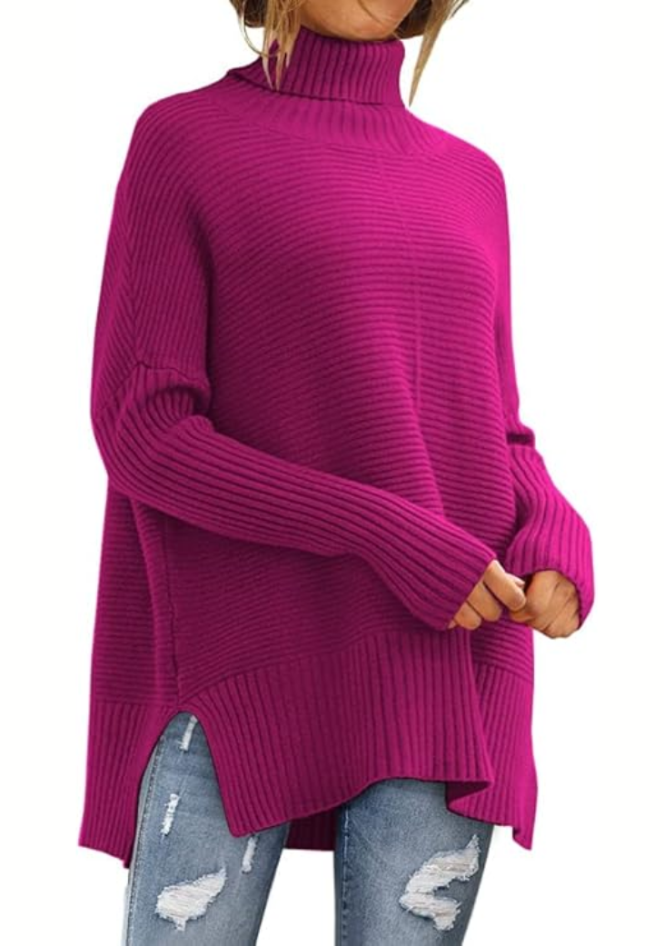 Pinkfarbener Rollkragenpullover aus Rippstrick mit lockerer Passform
