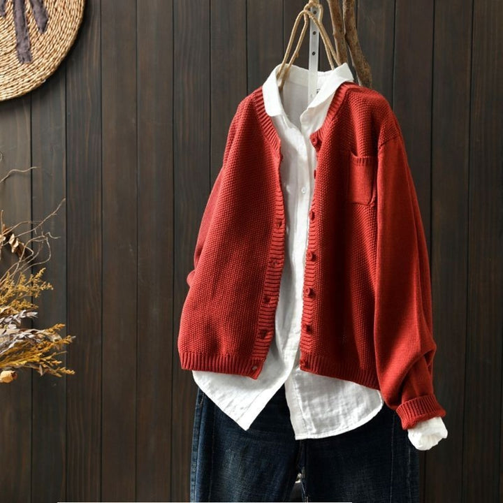 Rostrote Strickjacke mit Rundhalsausschnitt und Knopfleiste, oversize Grobstrick