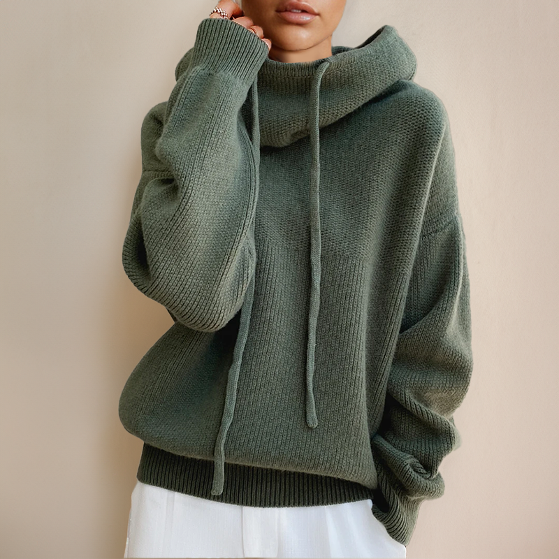 Oversize Strickpullover in Khakigrün mit Schalkragen und Kordelzug