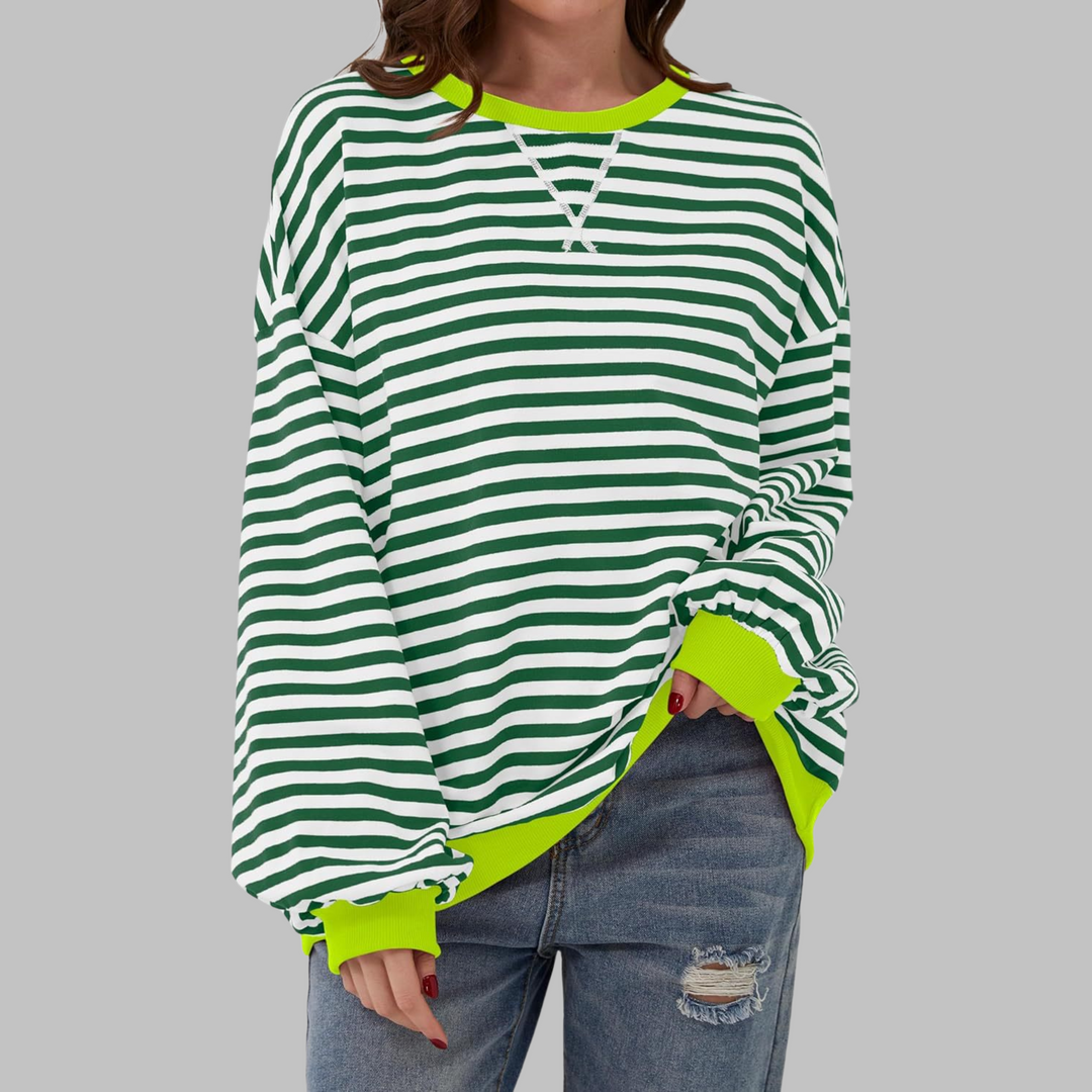 Grün-weiß gestreiftes Sweatshirt mit neongelben Bündchen und Retro-Streifenmuster