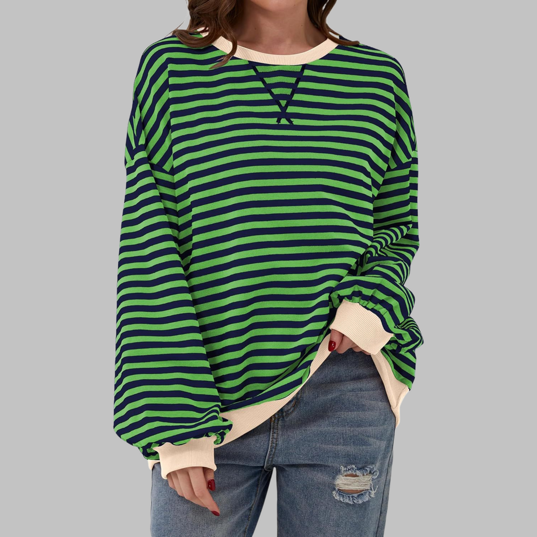 Grün-marineblau gestreiftes Oversize-Sweatshirt mit cremefarbenen Kontrastbündchen