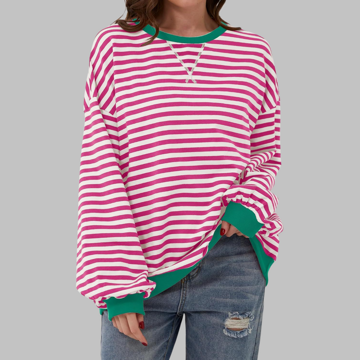 Pink-weiß gestreiftes Sweatshirt mit grünen Bündchen und lockerem Oversize-Schnitt