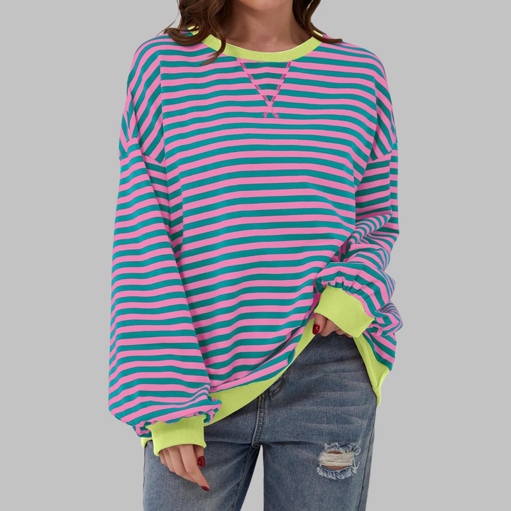 Gestreiftes Sweatshirt in Pink und Petrol mit neongelben Bündchen und Rundhalsausschnitt