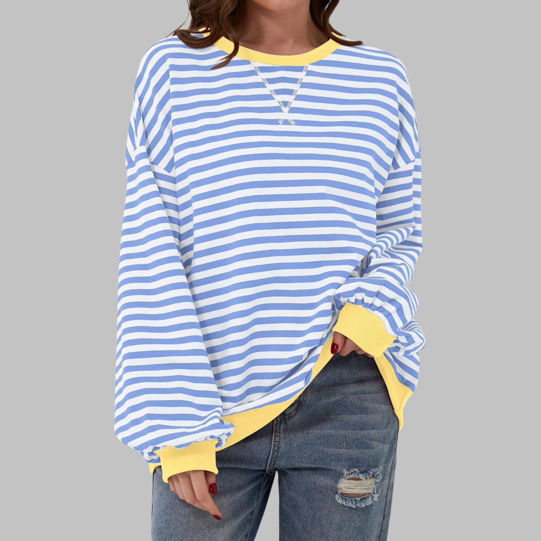 Blau-weiß gestreiftes Oversize-Sweatshirt mit gelben Kontrastbündchen und lockerem Schnitt