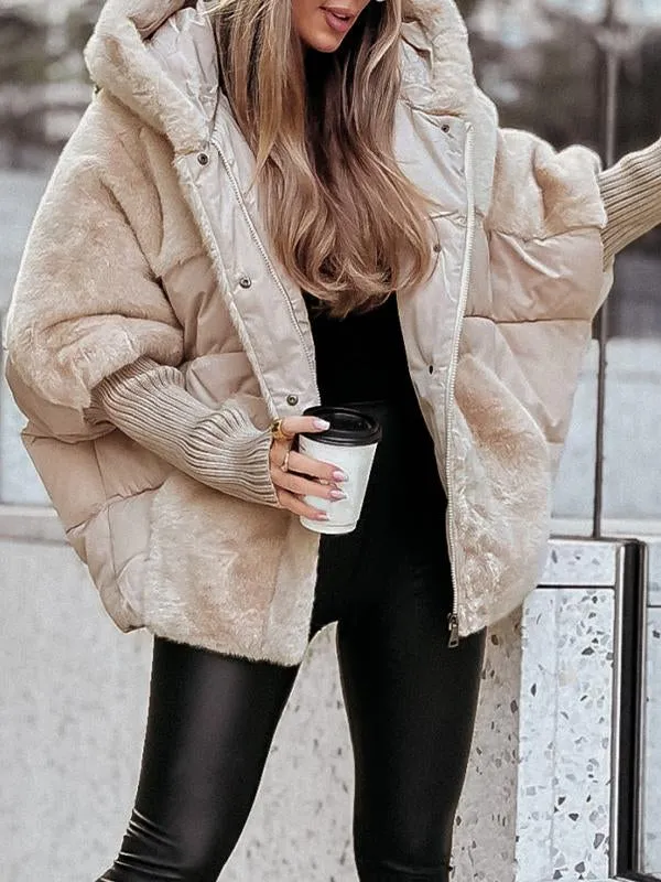 Beige Winterjacke mit Kunstfellsaum und Rippbündchen, Streetstyle-Look