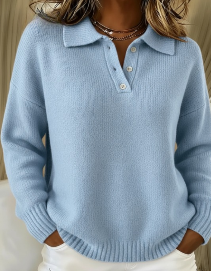 Hellblauer Oversized Polopullover mit Knopfleiste und Rippbündchen, Damen Strick