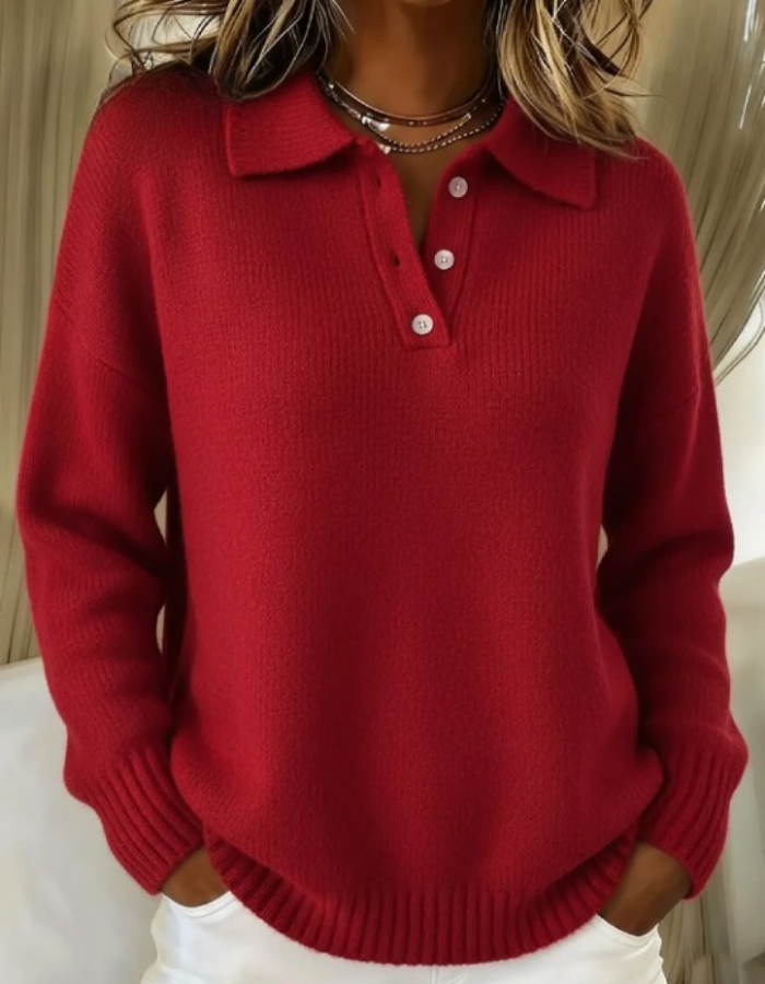 Roter Oversized Polopullover mit Knopfleiste und Rippbündchen, langärmeliger Damenstrick