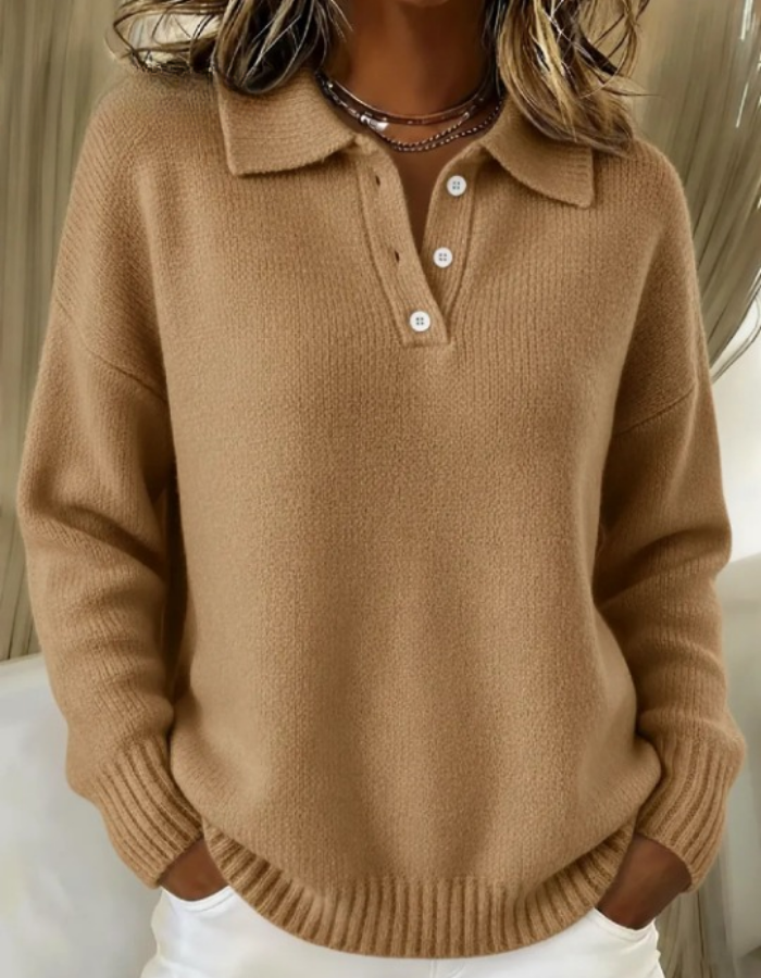 Camelfarbener Oversized Polopullover mit Knopfleiste, Damen Strickpullover mit Rippbündchen