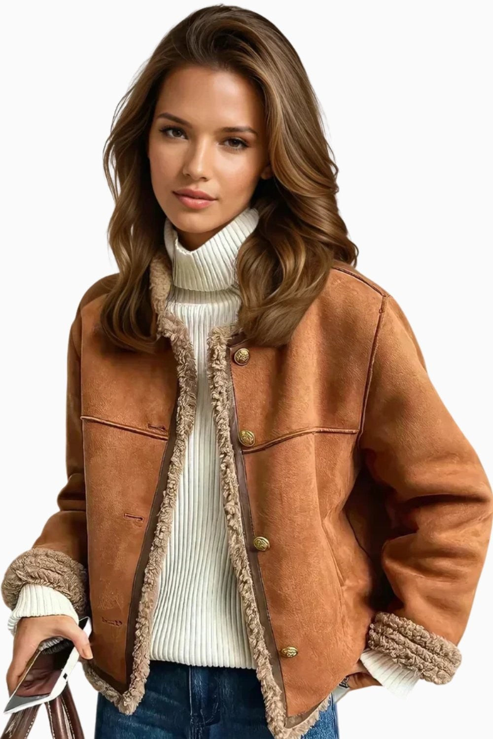 Braune Lammfell-Jacke mit Teddyfutter und Umschlagmanschetten vor weißem Hintergrund