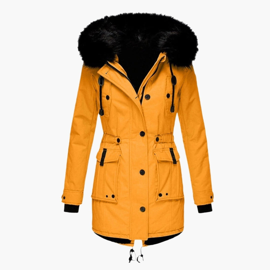 Taillierter Damen-Parka in Senfgelb mit Kunstfell-Kapuze und Zugband-Saum
