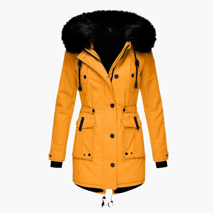 Taillierter Damen-Parka in Senfgelb mit Kunstfell-Kapuze und Zugband-Saum