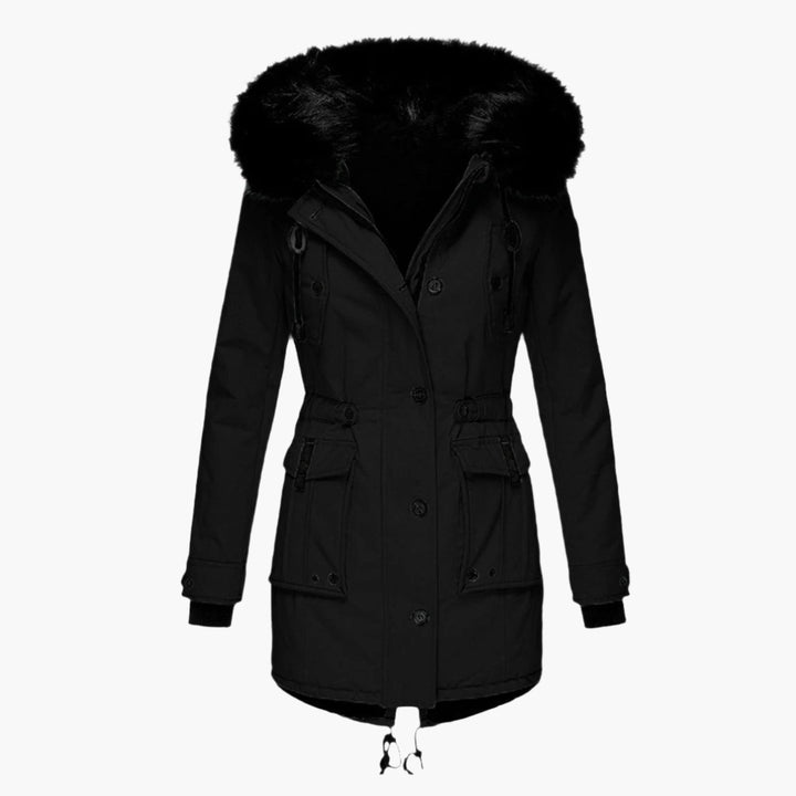 Schwarzer Damen-Parka mit Kapuze und flauschigem Kunstfell-Besatz