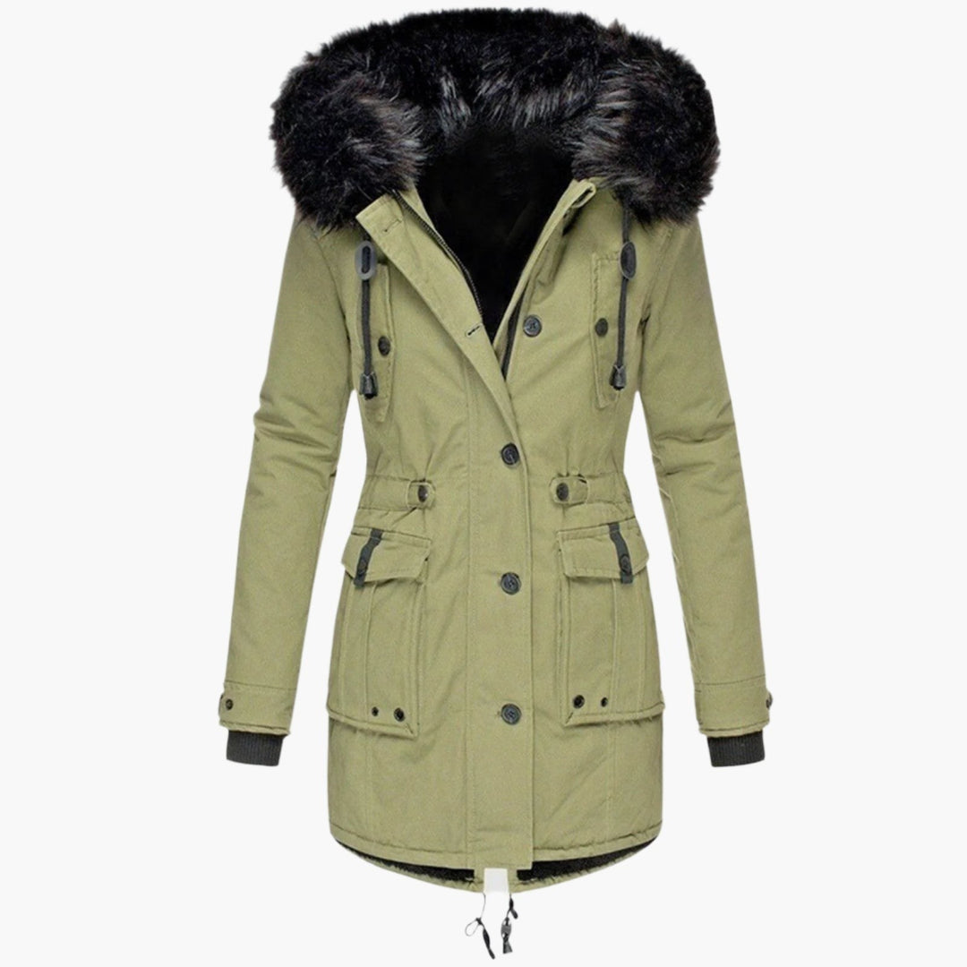 Olivgrüner Winterparka mit Kapuze, Kunstfell-Kragen und Cargotaschen